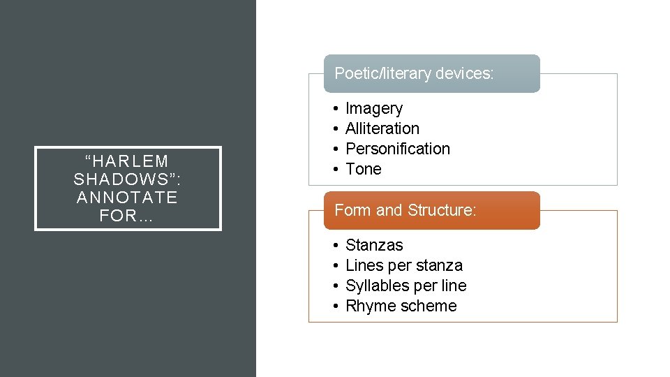 Poetic/literary devices: “HARLEM SHADOWS”: ANNOTATE FOR… • • Imagery Alliteration Personification Tone Form and