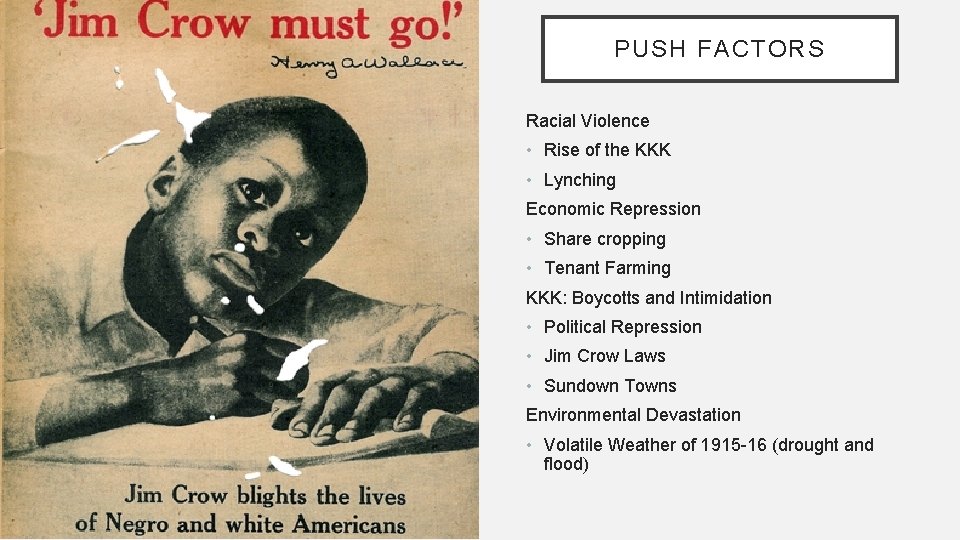 PUSH FACTORS Racial Violence • Rise of the KKK • Lynching Economic Repression •
