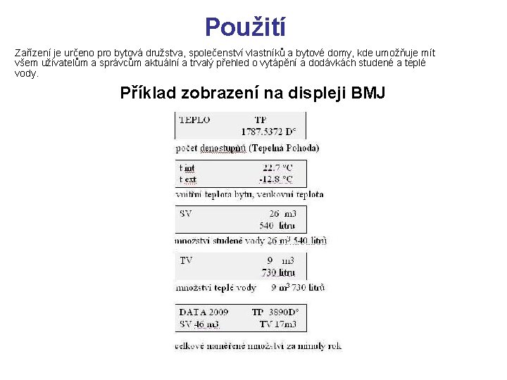 Použití Zařízení je určeno pro bytová družstva, společenství vlastníků a bytové domy, kde umožňuje