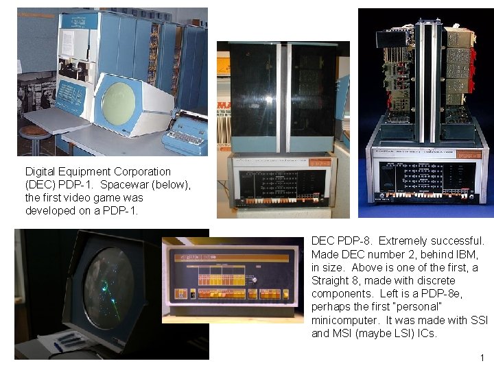 Digital Equipment Corporation (DEC) PDP-1. Spacewar (below), the first video game was developed on