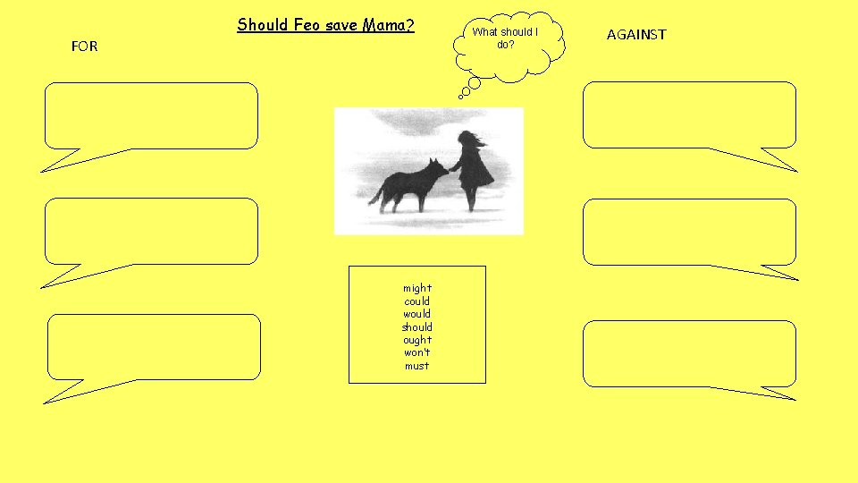 Should Feo save Mama? FOR might could would should ought won’t must What should