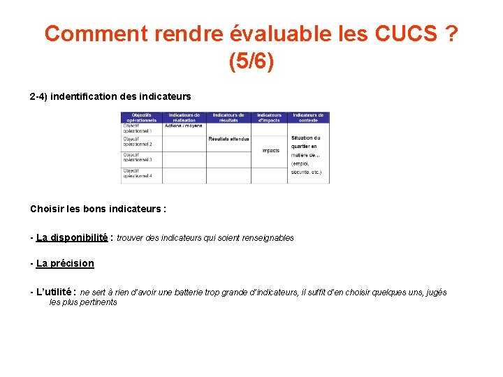 Comment rendre évaluable les CUCS ? (5/6) 2 -4) indentification des indicateurs Choisir les