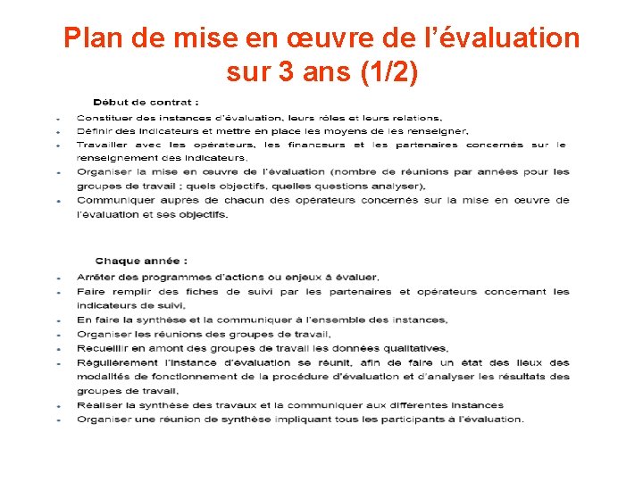 Plan de mise en œuvre de l’évaluation sur 3 ans (1/2) 