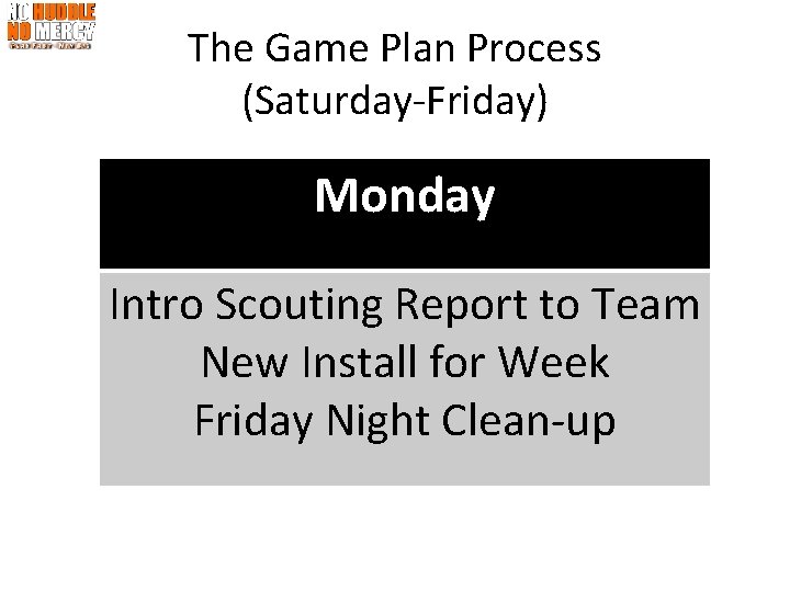 The Game Plan Process (Saturday-Friday) Monday Intro Scouting Report to Team New Install for