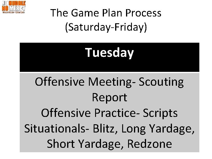 The Game Plan Process (Saturday-Friday) Tuesday Offensive Meeting- Scouting Report Offensive Practice- Scripts Situationals-