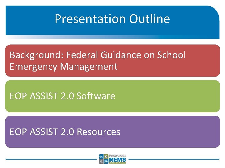 Presentation Outline Background: Federal Guidance on School Emergency Management EOP ASSIST 2. 0 Software Presentation Outline Background: Federal Guidance on School Emergency Management EOP ASSIST 2. 0 Software