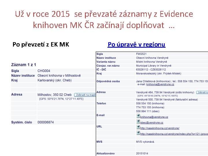 Už v roce 2015 se převzaté záznamy z Evidence knihoven MK ČR začínají doplňovat