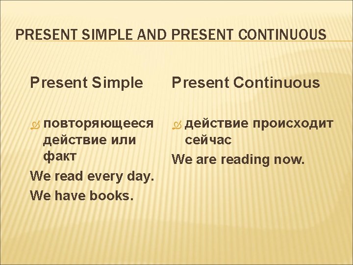PRESENT SIMPLE AND PRESENT CONTINUOUS Present Simple Present Continuous повторяющееся действие или факт We