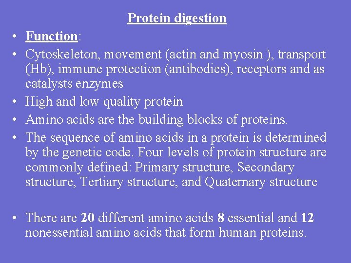 Protein digestion • Function: • Cytoskeleton, movement (actin and myosin ), transport (Hb), immune