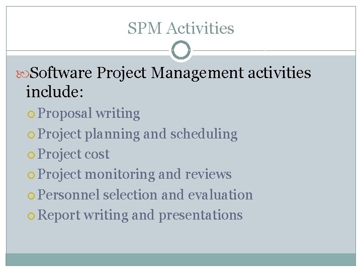SPM Activities Software Project Management activities include: Proposal writing Project planning and scheduling Project