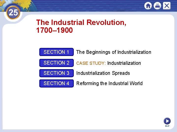 The Industrial Revolution, 1700– 1900 SECTION 1 The Beginnings of Industrialization SECTION 2 CASE