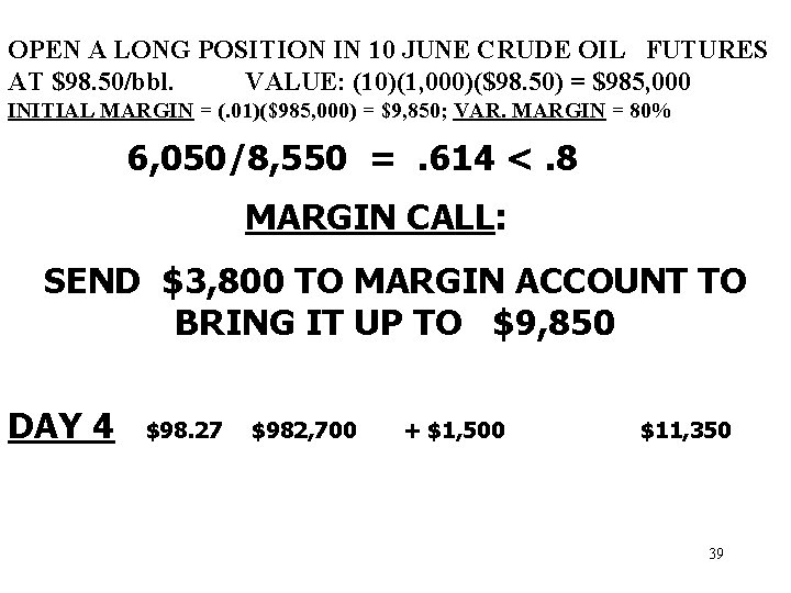 OPEN A LONG POSITION IN 10 JUNE CRUDE OIL FUTURES AT $98. 50/bbl. VALUE: