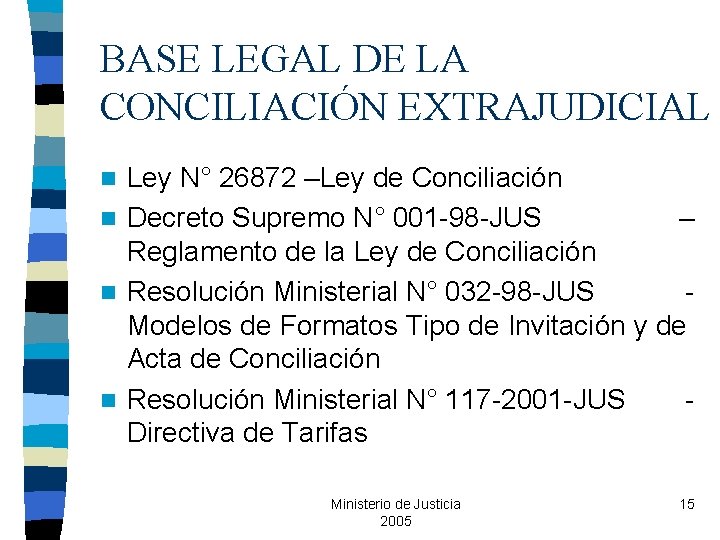 BASE LEGAL DE LA CONCILIACIÓN EXTRAJUDICIAL Ley N° 26872 –Ley de Conciliación n Decreto