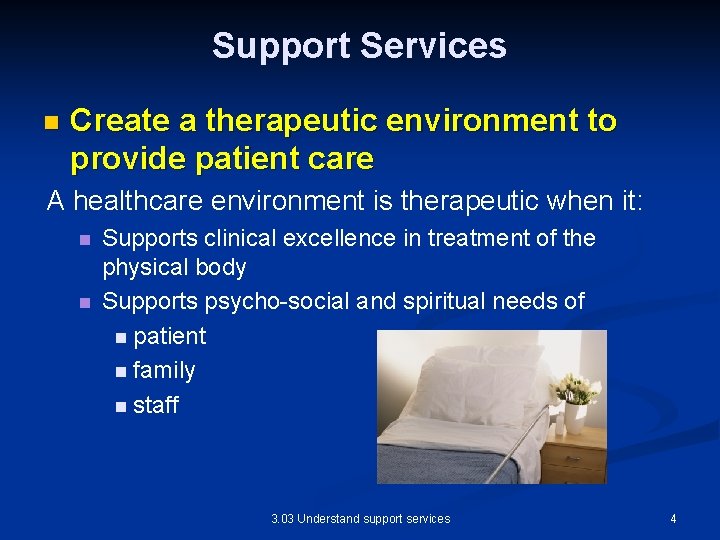 Support Services n Create a therapeutic environment to provide patient care A healthcare environment