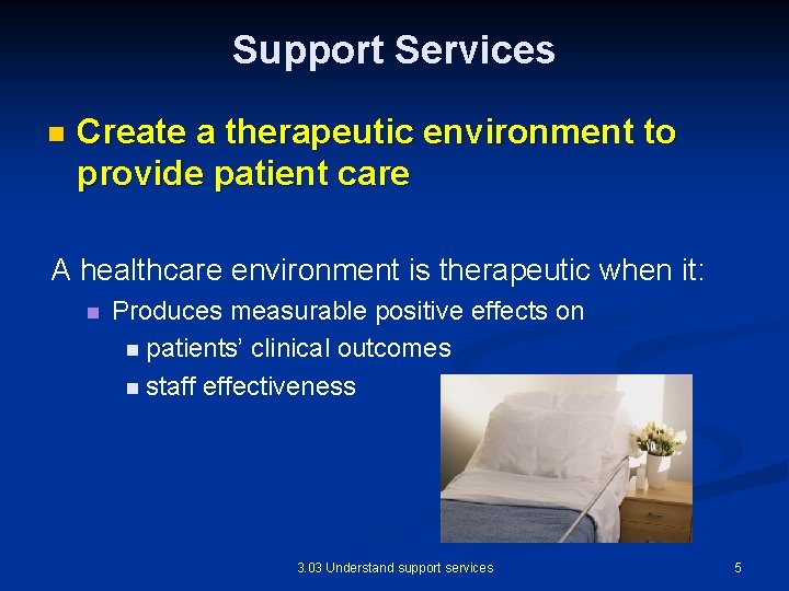 Support Services n Create a therapeutic environment to provide patient care A healthcare environment