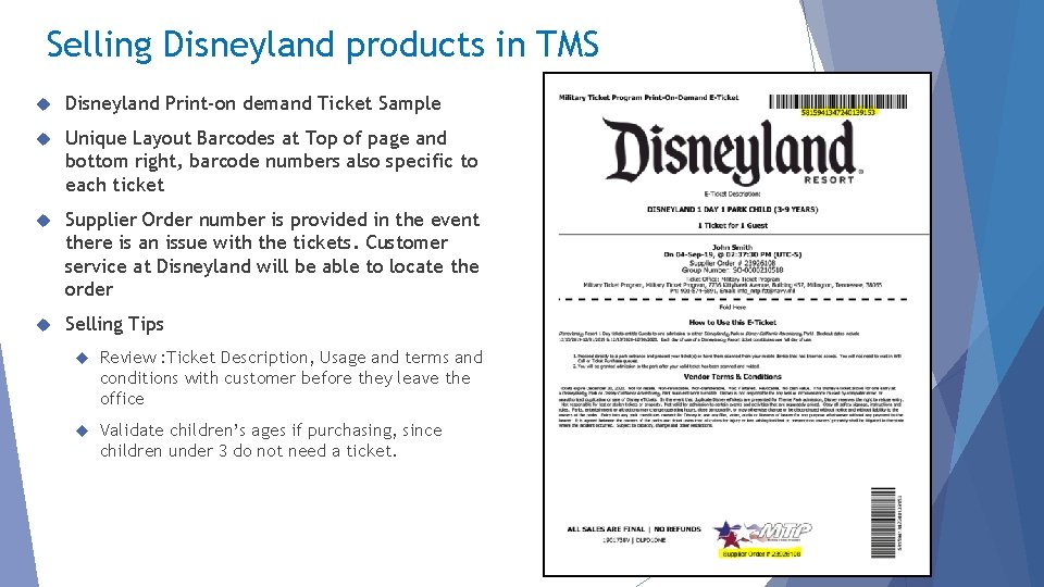 Selling Disneyland products in TMS Disneyland Print-on demand Ticket Sample Unique Layout Barcodes at