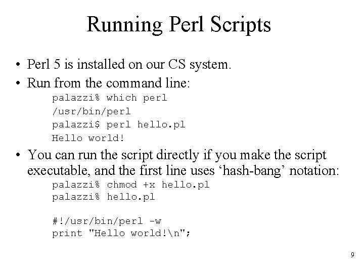 Running Perl Scripts • Perl 5 is installed on our CS system. • Run