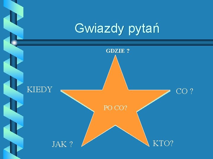 Gwiazdy pytań GDZIE ? KIEDY CO ? PO CO? JAK ? KTO? 