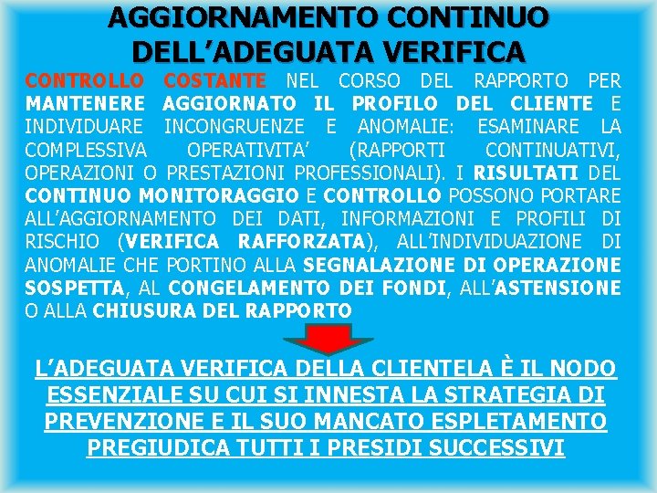 AGGIORNAMENTO CONTINUO DELL’ADEGUATA VERIFICA CONTROLLO COSTANTE NEL CORSO DEL RAPPORTO PER MANTENERE AGGIORNATO IL