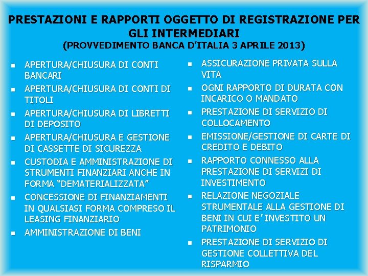 PRESTAZIONI E RAPPORTI OGGETTO DI REGISTRAZIONE PER GLI INTERMEDIARI (PROVVEDIMENTO BANCA D’ITALIA 3 APRILE