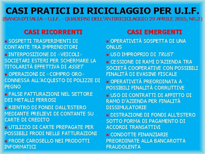 CASI PRATICI DI RICICLAGGIO PER U. I. F. (BANCA D’ITALIA – U. I. F.