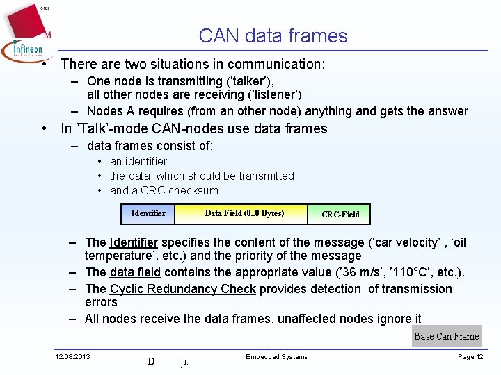 CAN data frames • There are two situations in communication: – One node is