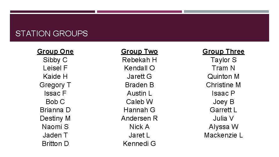 STATION GROUPS Group One Sibby C Leisel F Kaide H Gregory T Issac F