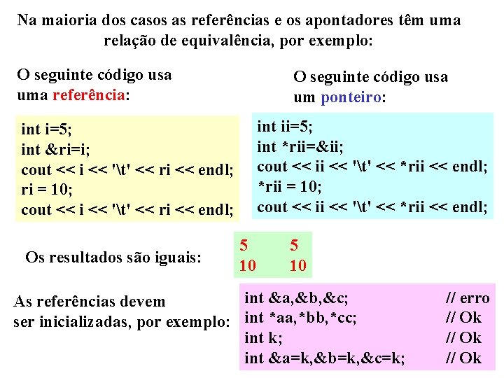 Na maioria dos casos as referências e os apontadores têm uma relação de equivalência,
