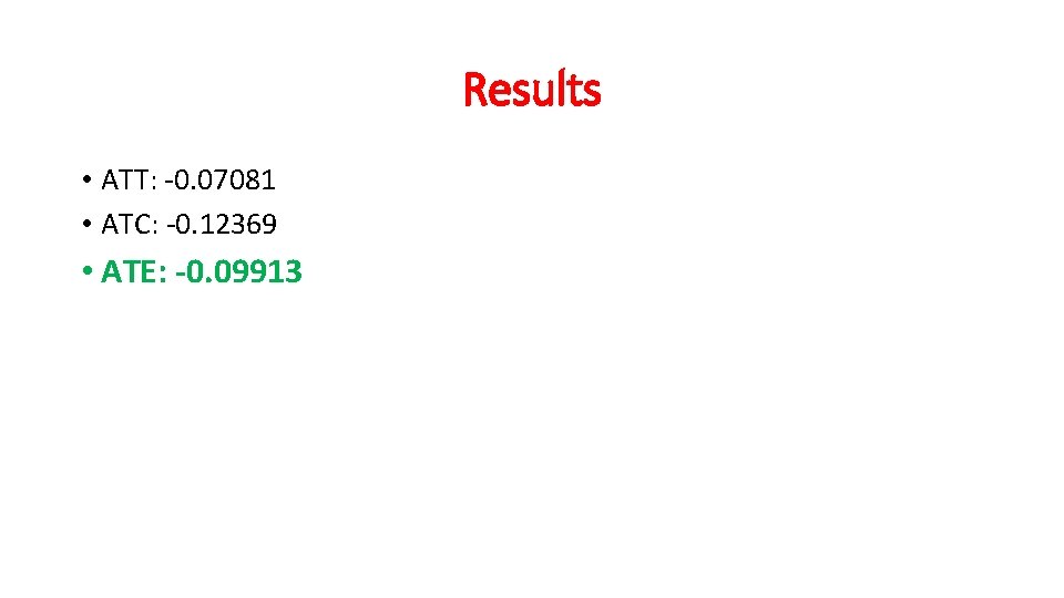 Results • ATT: -0. 07081 • ATC: -0. 12369 • ATE: -0. 09913 