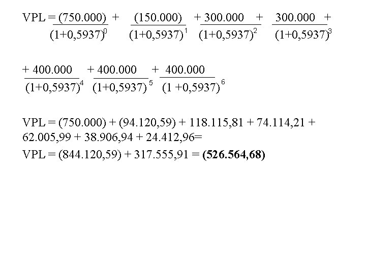 VPL = (750. 000) + (150. 000) + 300. 000 + (1+0, 5937)0 (1+0,