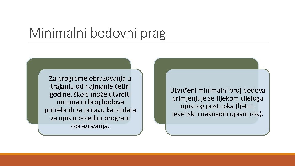 Minimalni bodovni prag Za programe obrazovanja u trajanju od najmanje četiri godine, škola može