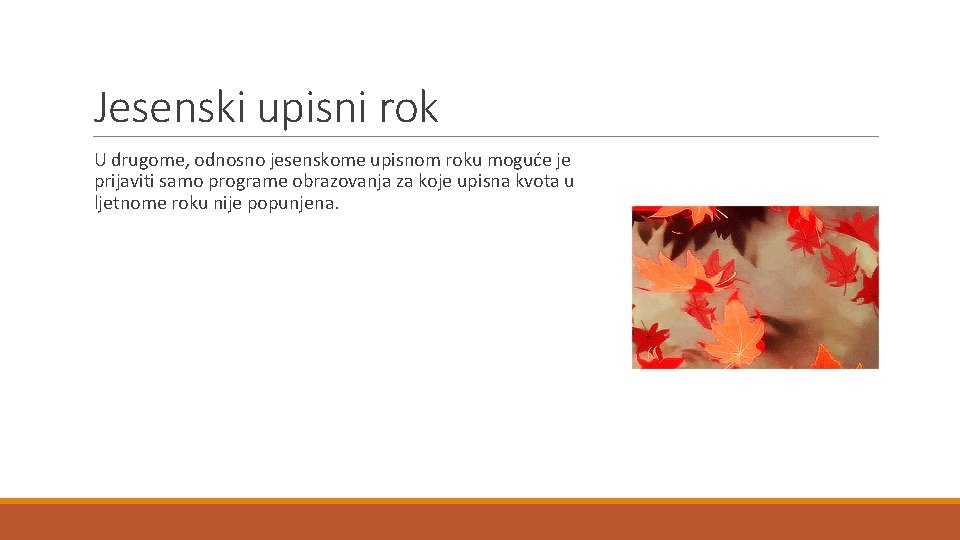 Jesenski upisni rok U drugome, odnosno jesenskome upisnom roku moguće je prijaviti samo programe