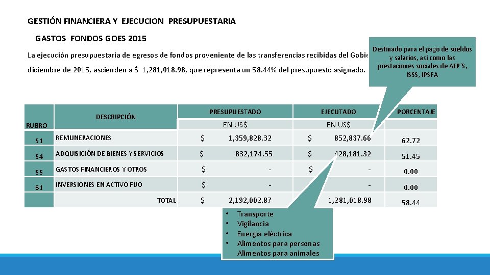 GESTIÓN FINANCIERA Y EJECUCION PRESUPUESTARIA GASTOS FONDOS GOES 2015 Destinado para el pago de