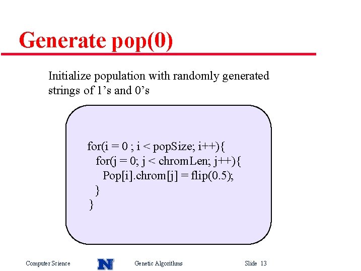 Generate pop(0) Initialize population with randomly generated strings of 1’s and 0’s for(i =