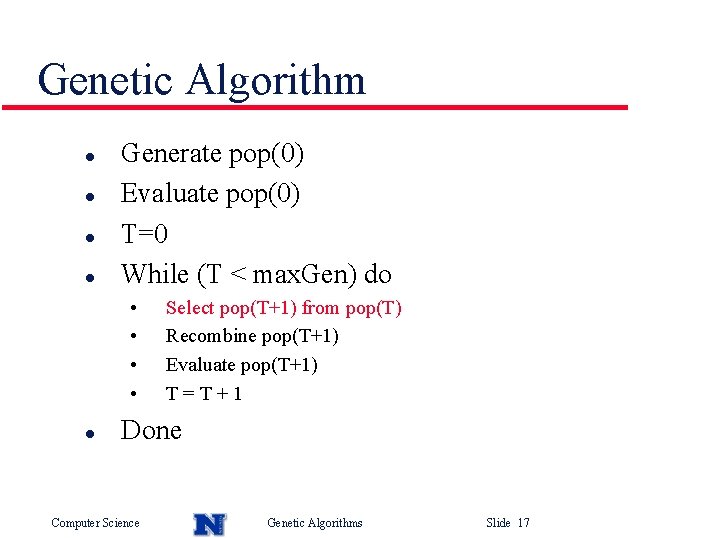 Genetic Algorithm l l Generate pop(0) Evaluate pop(0) T=0 While (T < max. Gen)