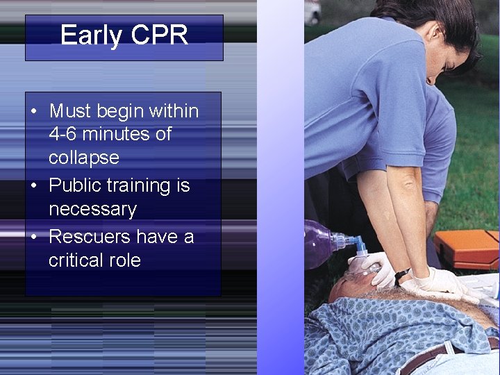 Early CPR • Must begin within 4 -6 minutes of collapse • Public training