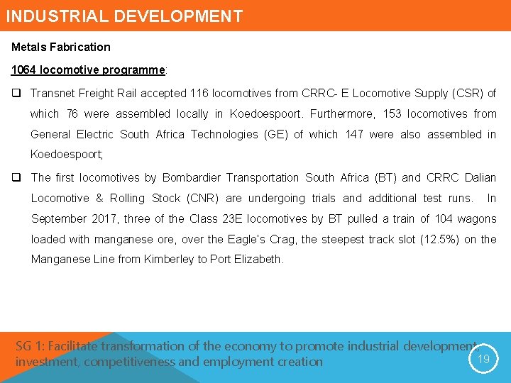 INDUSTRIAL DEVELOPMENT Metals Fabrication 1064 locomotive programme: q Transnet Freight Rail accepted 116 locomotives