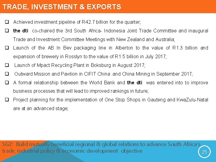 TRADE, INVESTMENT & EXPORTS q Achieved investment pipeline of R 42. 7 billion for