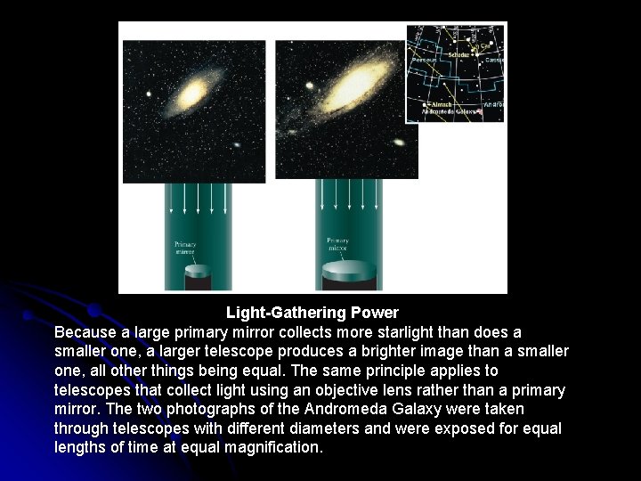 Light-Gathering Power Because a large primary mirror collects more starlight than does a smaller