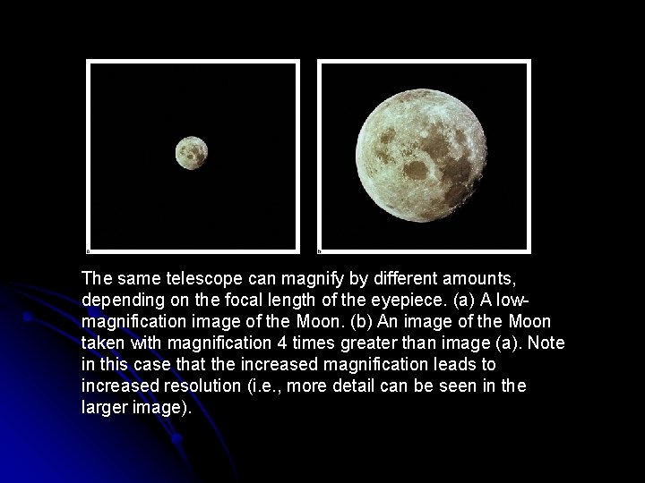 The same telescope can magnify by different amounts, depending on the focal length of