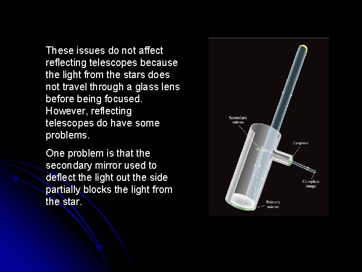 These issues do not affect reflecting telescopes because the light from the stars does