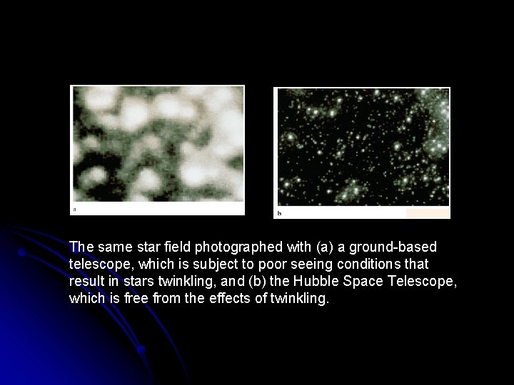 The same star field photographed with (a) a ground-based telescope, which is subject to