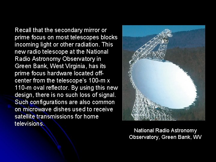 Recall that the secondary mirror or prime focus on most telescopes blocks incoming light