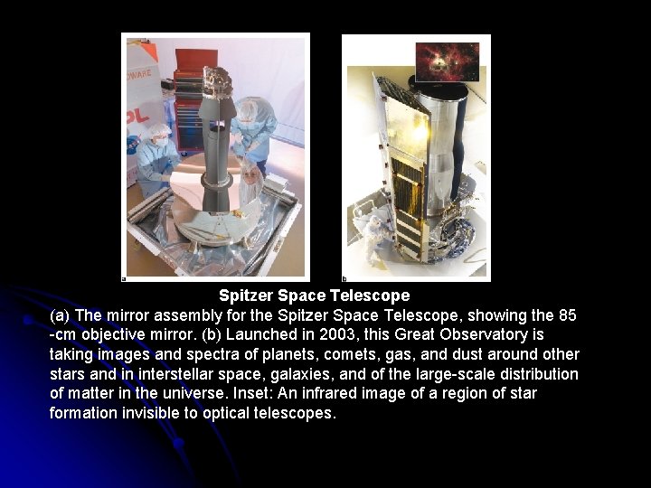 Spitzer Space Telescope (a) The mirror assembly for the Spitzer Space Telescope, showing the
