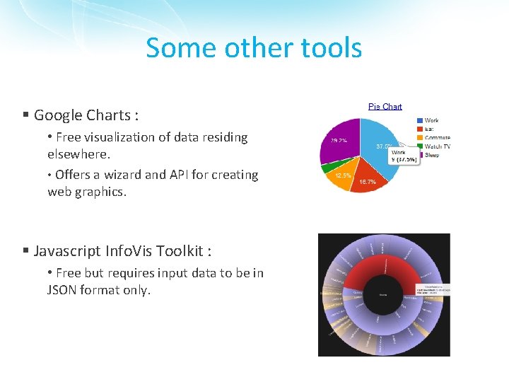 Some other tools § Google Charts : • Free visualization of data residing elsewhere.