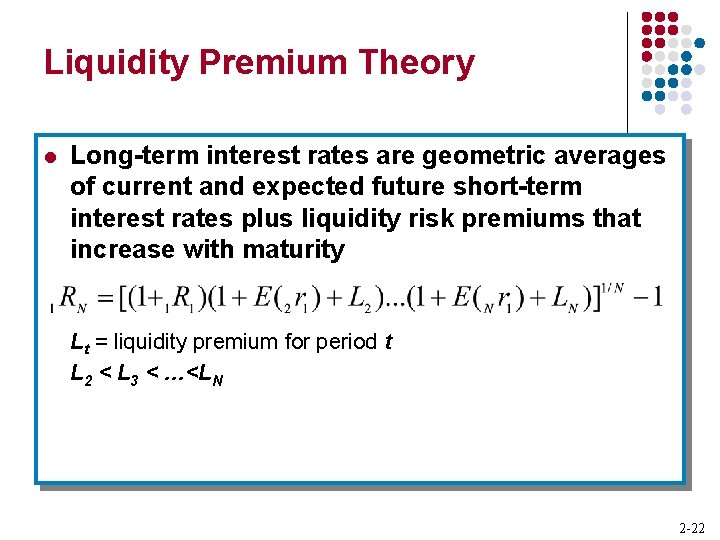 Liquidity Premium Theory l Long-term interest rates are geometric averages of current and expected