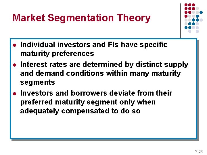 Market Segmentation Theory l l l Individual investors and FIs have specific maturity preferences