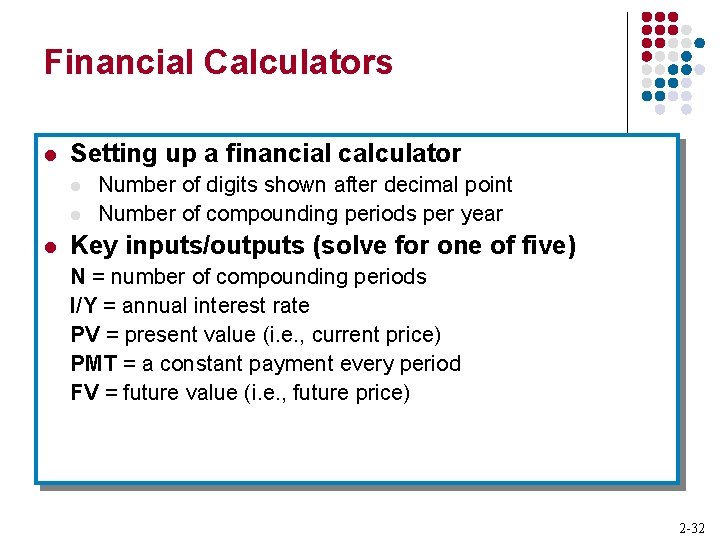 Financial Calculators l Setting up a financial calculator l l l Number of digits