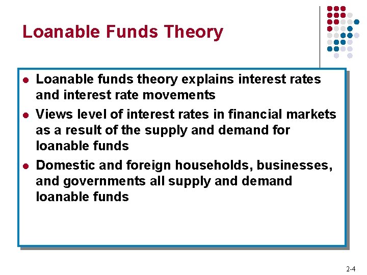 Loanable Funds Theory l l l Loanable funds theory explains interest rates and interest