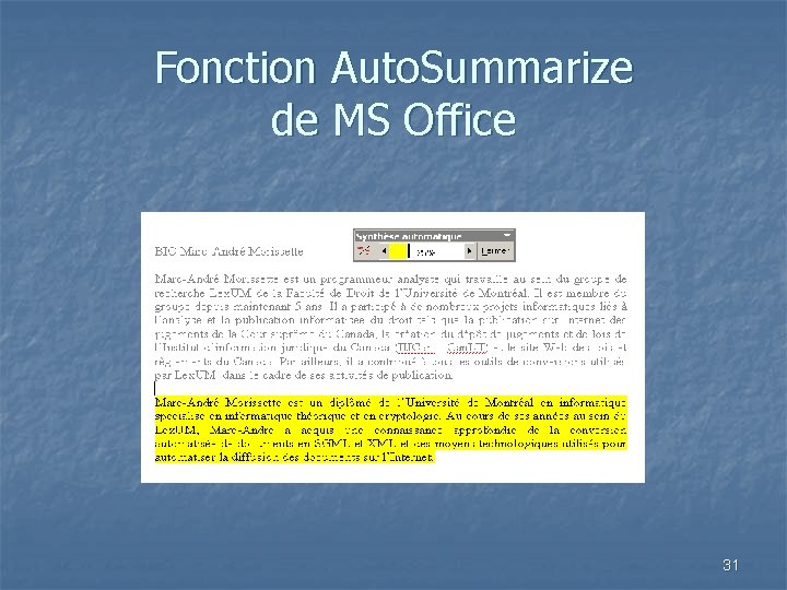 Fonction Auto. Summarize de MS Office 31 